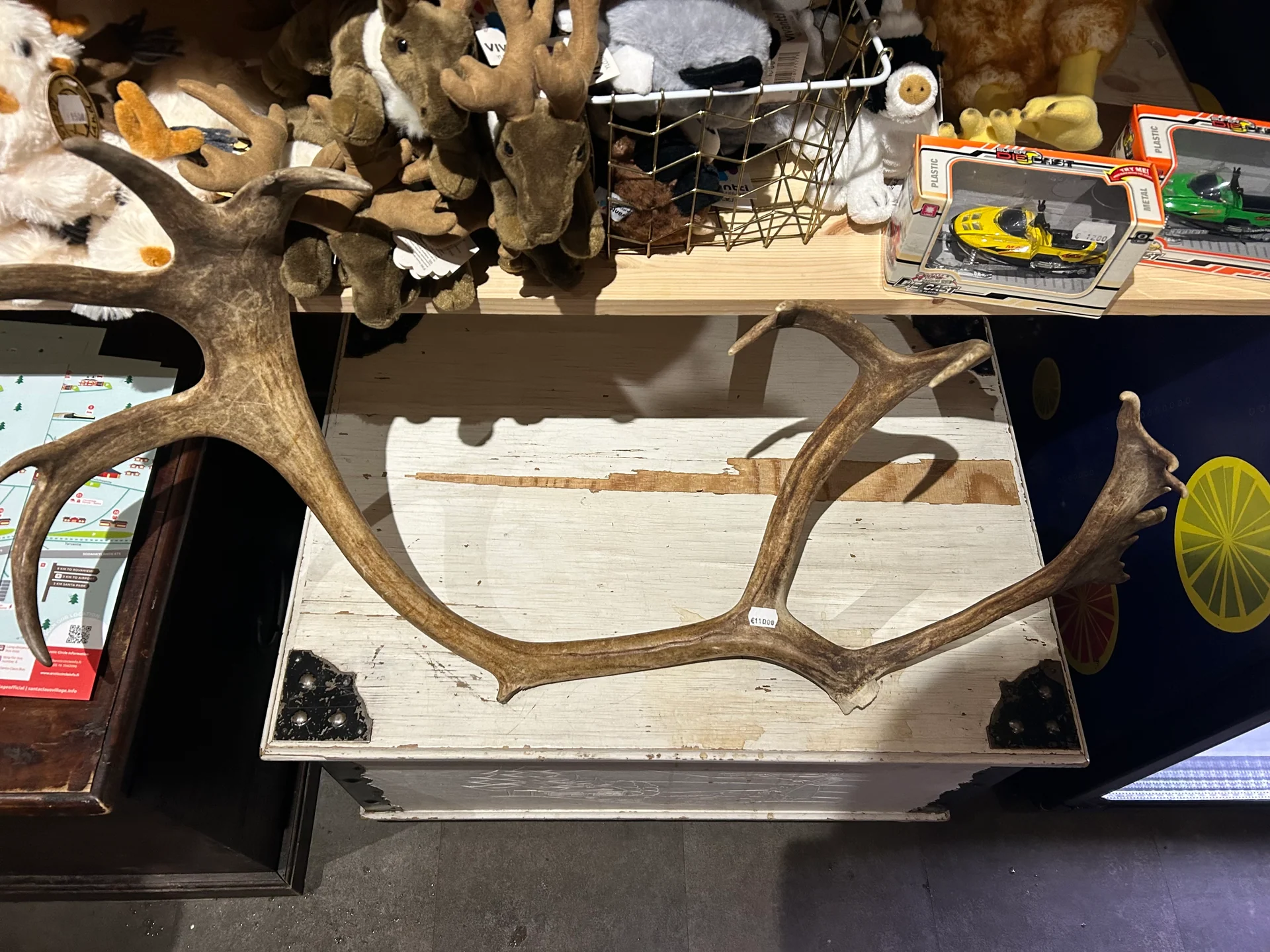 Large real reindeer antler with a 110 euro price label at Santa's Pets