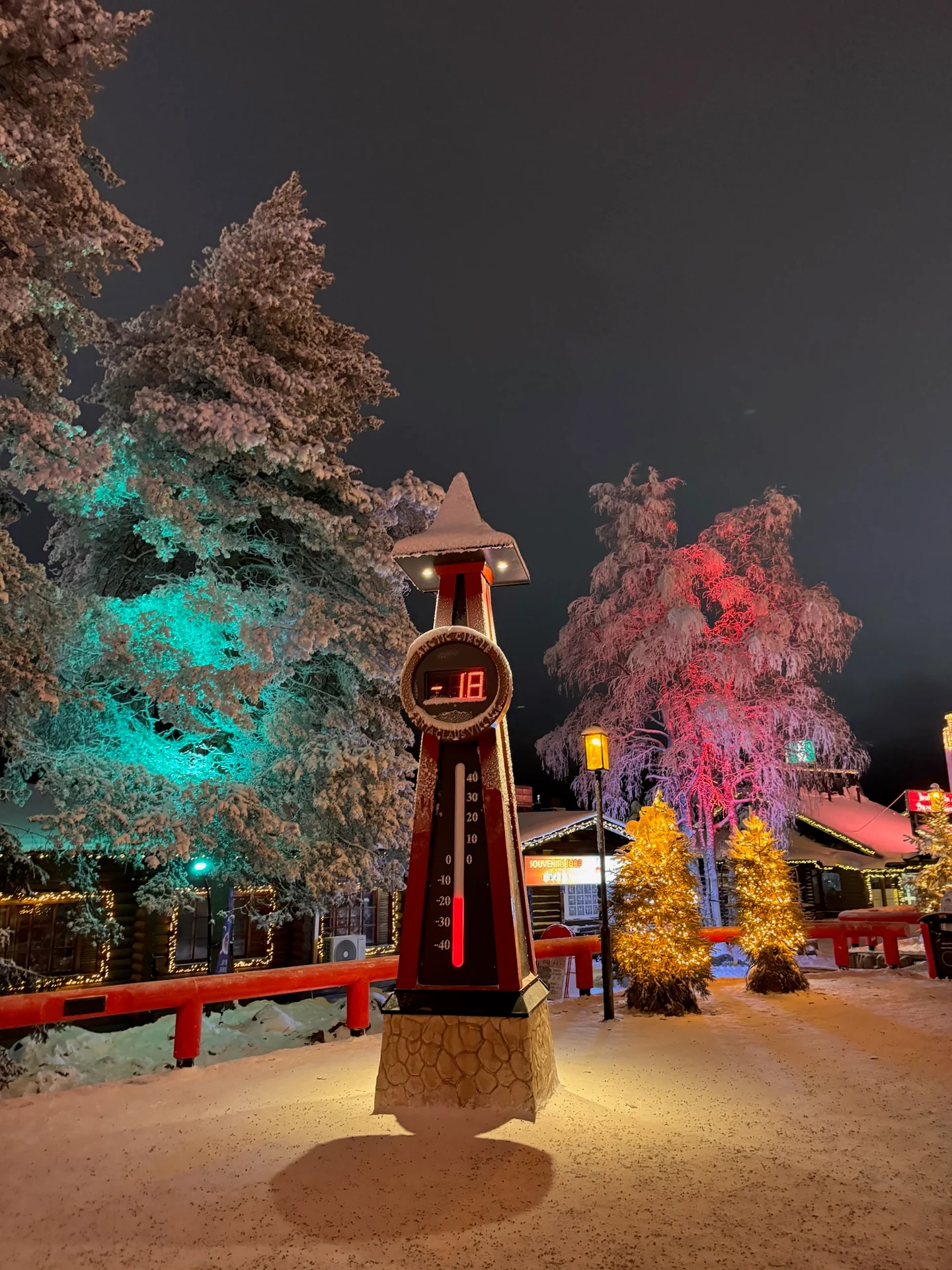Outdoor temperature sign reading minus 18 degrees at Santa Claus Village